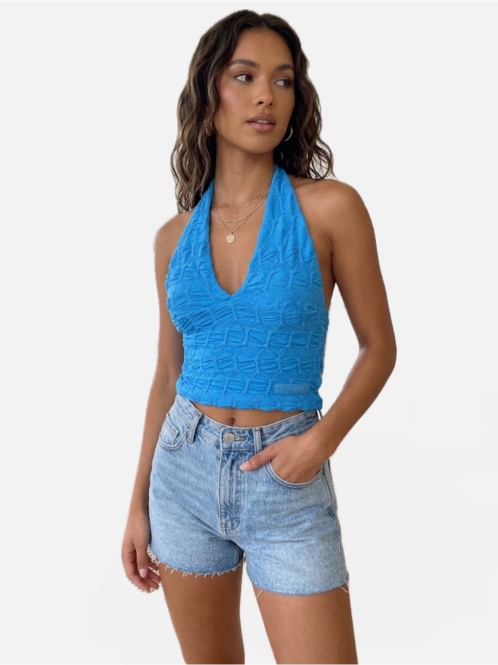 SEE YOU MONDAY WOMEN XL BLUE RUCHED TEXTURED HALTER CROPPED TANK NWT